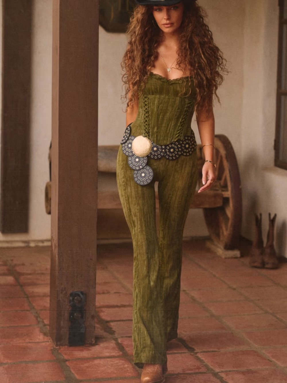 Oh Polly Olive Green Strapless Velvet Jumpsuit
